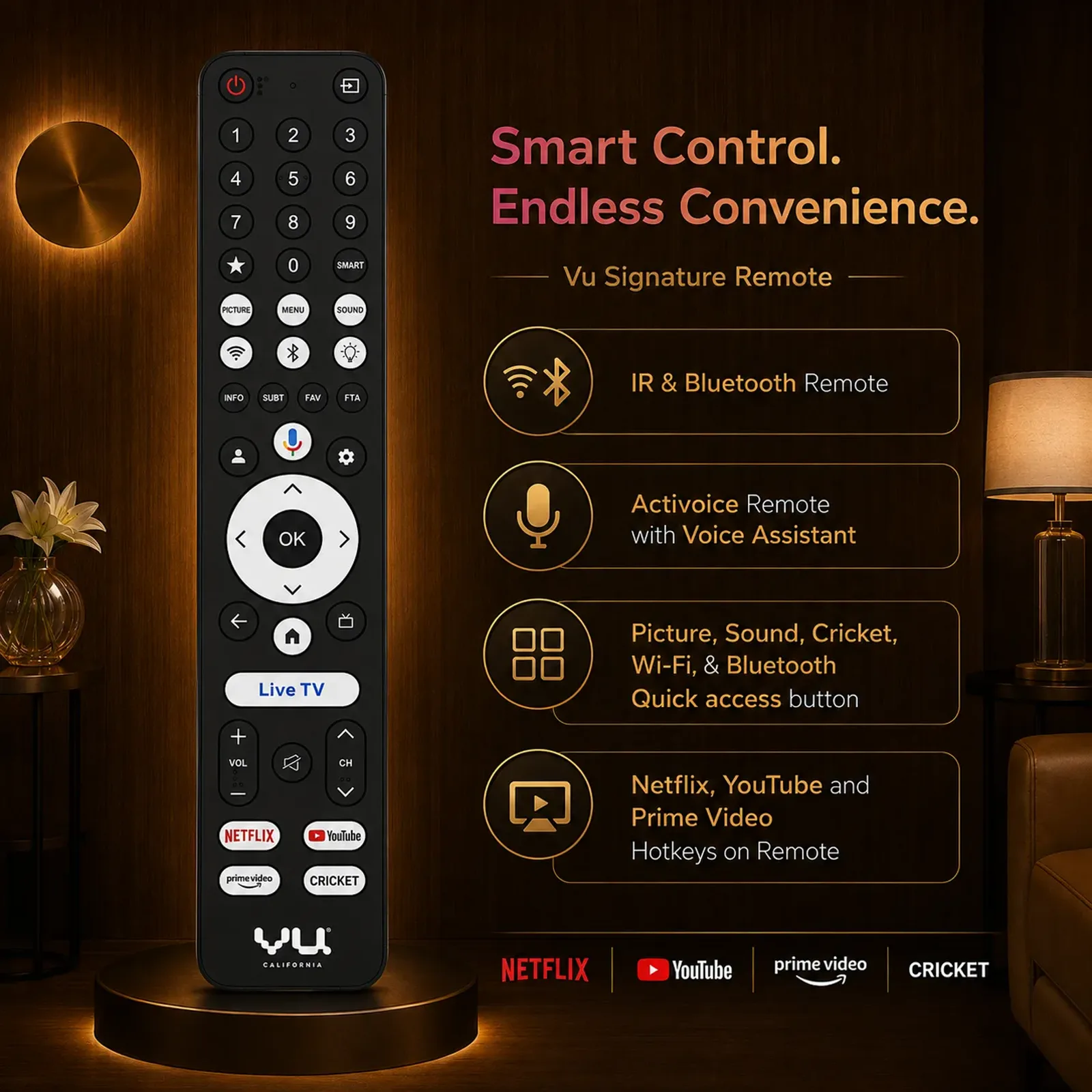 Vu Signature Remote with voice assistant Bluetooth connectivity and streaming app hotkeys